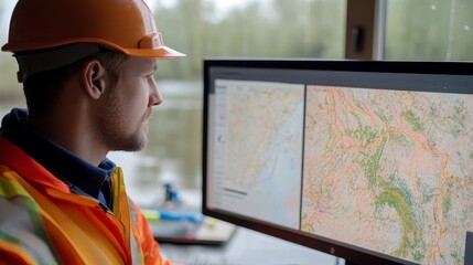 Engineer reviewing flood risk assessment maps on a computer screen, planning for disaster prevention.
