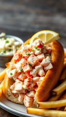 A delicious freshly made lobster roll with lobster, lemon, celery, and mayonnaise.