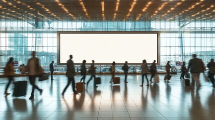 Large Blank Billboard in Modern Airport Terminal with Blurred People