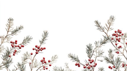 Christmas border of snowy fir branches and red berries, isolated on a white background, simple and festive.