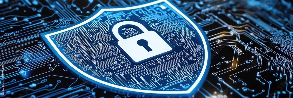 Poster Digital Shield with a Lock on a Circuit Board