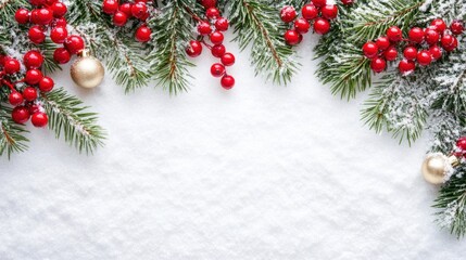 Christmas decor flat lay border with fir branches, red berries, and snow, classic holiday style on white.