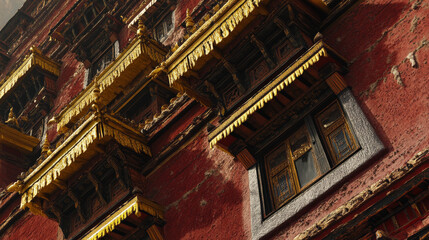 Fototapeta premium A close-up of the intricate details of the Potala Palace's architecture, showcasing its beautiful windows, carvings, and golden roofs