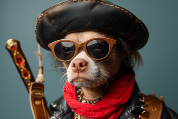 Chihuahua dog in a pirate hat and sunglasses is posing with katana.