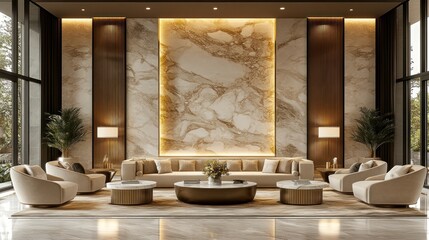 Modern luxury living room with a marble accent wall, large windows and comfortable furniture.