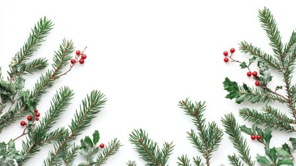 Christmas greenery flat lay with fir branches and red berry accents, festive border on white.