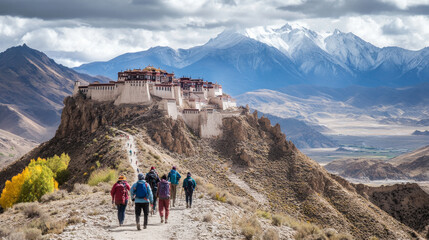 A group of travelers on a pilgrimage route in Tibet, with the path leading them through ancient monasteries and remote villages