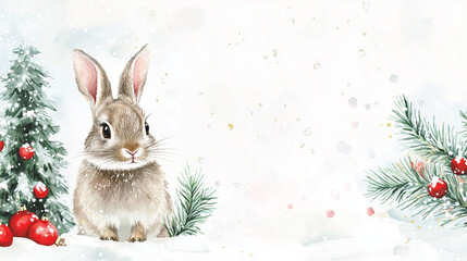 Cute gray bunny sitting in snow with Christmas tree, red ornaments, pine branches and copy space creating a festive scene 