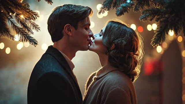 A young couple sharing a kiss beneath a mistletoe branch
