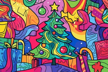 Obraz premium A vibrant and whimsical Christmas tree line art illustration featuring a central Christmas tree surrounded by gifts and festive decorations. The illustration captures the spirit of Christmas with its 