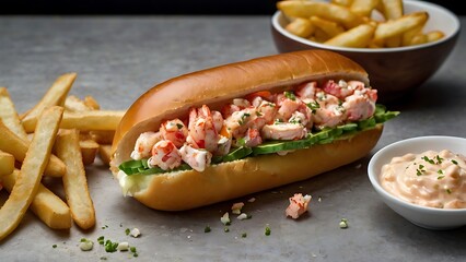 A delicious freshly made lobster roll with lobster, lemon, celery, and mayonnaise.
