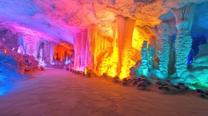 Colorful cave lighting illuminating ancient stalactites and stalagmites, showcasing natural underground beauty.