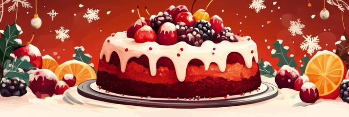A delicious fruitcake adorned with fresh berries and cherries, topped with a white frosting,  sitting on a snowy background with wintery accents and ornaments.
