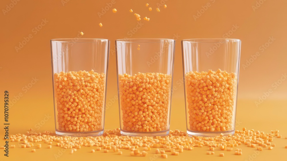 Poster view of three glasses with orange polypropylene granules, masterbatch polymer grain resin pellets on