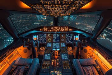 Airplane Cockpit with Nighttime Cityscape View