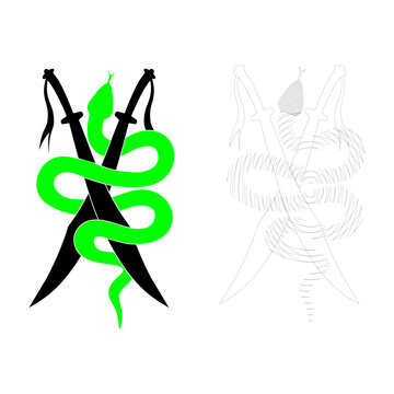 wooden snake with chinese swo...