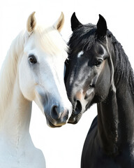 Obraz premium A white horse and black stallion share a tender moment
