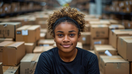 A young African woman smiles confidently in a warehouse surrounded by cardboard boxes symbolizing logistics, distribution and hard work