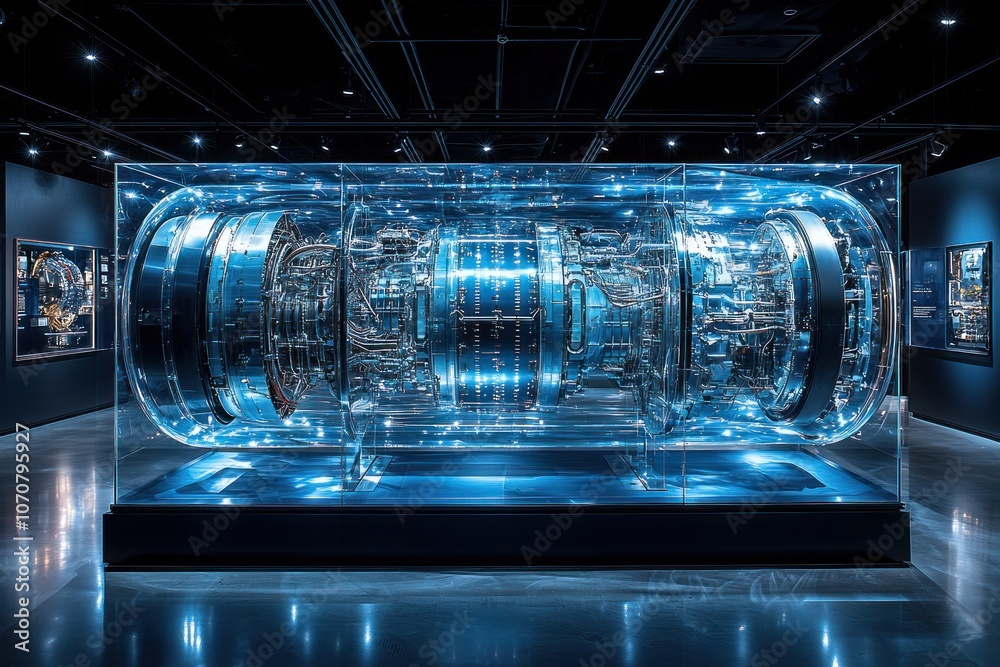 Aufkleber a glass case displaying a complex, shiny, metallic object
