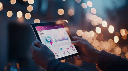 Marketer holding tablet with social media growth statistics and performance charts, showcasing effective digital advertising