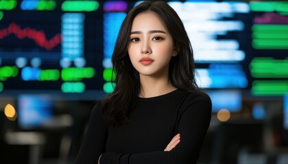 A confident woman stands in front of digital stock market data, showcasing a professional atmosphere in finance and technology.