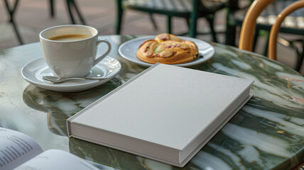 Blank Hardcover Book Mockup and Coffee in Cafe Setting for Relaxation. High quality photo