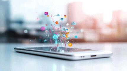 Smartphone with various social media app icons and analytics graphs overlay, representing social media marketing and audience insights,Sharp and extremely realistic.