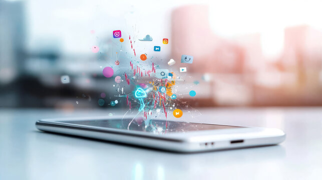 Smartphone with various social media app icons and analytics graphs overlay, representing social media marketing and audience insights,Sharp and extremely realistic.