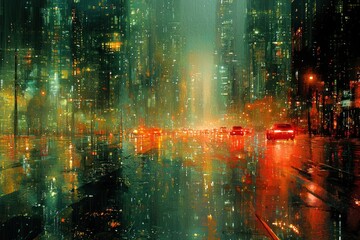 Cityscape with Reflections of Cars and Buildings in Puddles of Rain