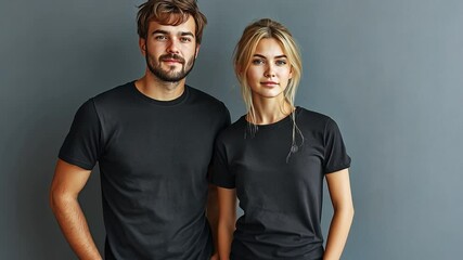 A young pair on a grey background wearing chic black t-shirts
