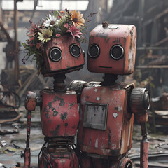 Robotic Romance: Two vintage robots share a tender moment amidst the remnants of an industrial landscape, one adorned with a floral crown, creating a charming juxtaposition of technology and nature.