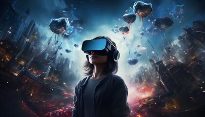 A person with VR goggles, fully immersed in a digital reality space.