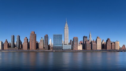 Obraz premium Panoramic view of New York City's skyline featuring iconic skyscrapers under a clear blue sky at midday