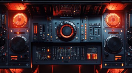 Fototapeta premium A top-down view of a futuristic DJ setup with glowing red lights and intricate controls, perfect for electronic music production and mixing.