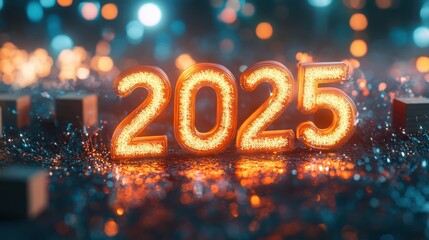 Glowing "2025" countdown clock on a glittering midnight sky with abstract bokeh and fireworks.