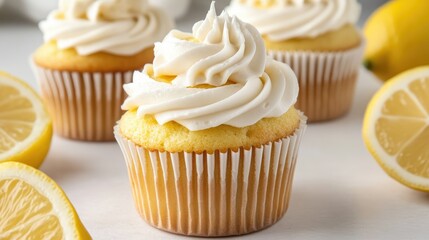 Tasty delicious lemon cream cupcake on light background