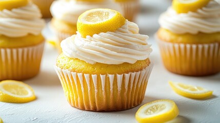 Tasty delicious lemon cream cupcake on light background