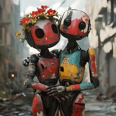Robotic Embrace: Two weathered robots, one adorned with a floral crown, share an intimate moment, their mechanical forms contrasting with the urban decay backdrop
