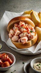 A delicious freshly made lobster roll with lobster, lemon, celery, and mayonnaise.