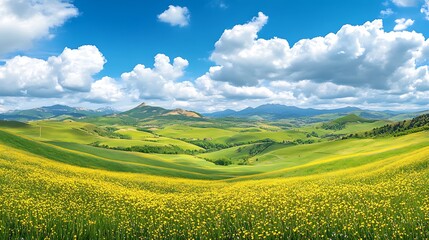 Fototapeta premium Vast grassland adorned with vibrant yellow flowers under a clear blue sky in a serene rural landscape during daylight hours