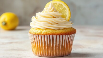 Tasty delicious lemon cream cupcake on light background