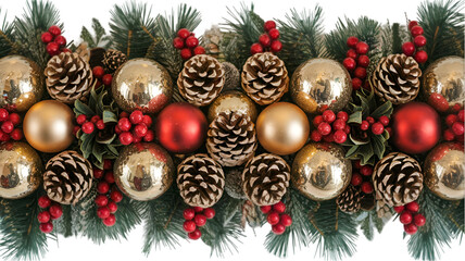 Festive arrangement of gold and red ornaments with pinecones and greenery displayed for holiday celebrations