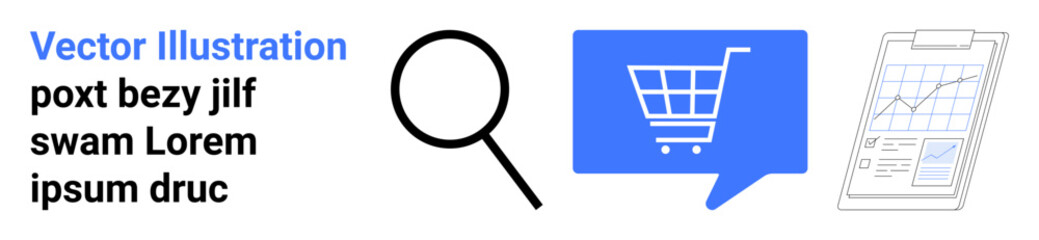 Magnifying glass, chat bubble with shopping cart icon, clipboard with analytics graph. Ideal for e-commerce, shopping, search optimization, analytics, marketing, SEO, online retail. Landing page