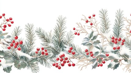 Elegant Christmas foliage with snow-dusted fir branches and red berries, arranged as a border on white.