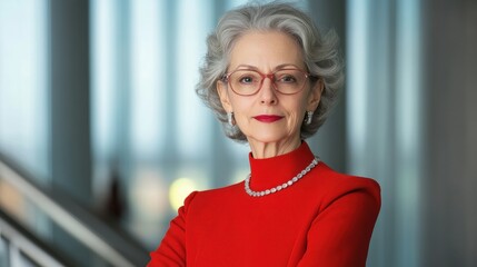 Fototapeta premium A confident older woman in a red outfit stands with her arms crossed, showcasing elegance and poise in a modern setting.