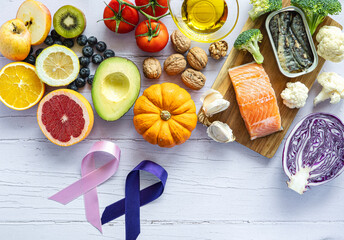Foods to prevent cancer. Concept of healthy food, medicine and healthy living. Pink and purple...