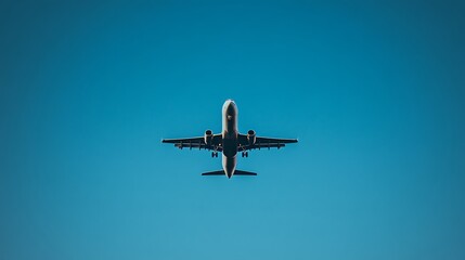 Obraz premium An airplane soars high in a clear blue sky during daylight, showcasing its sleek design and vibrant colors