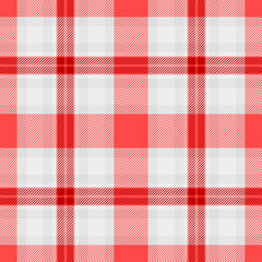 Grunge tartan seamless background, event check pattern fabric. Beige vector textile plaid texture in red and white colors.