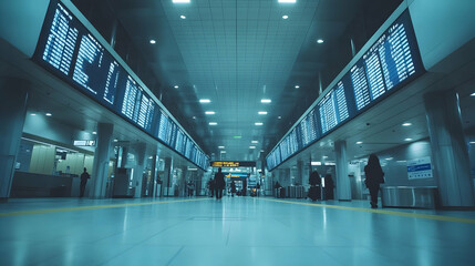 A long, empty corridor in an airport with passengers walking towards the departure gates.
