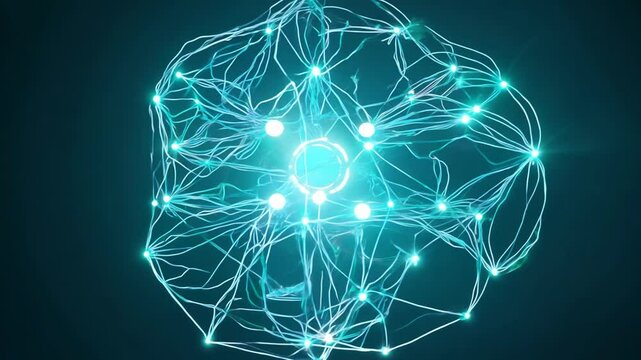 Abstract animation of a rotating blue sphere with network connections.